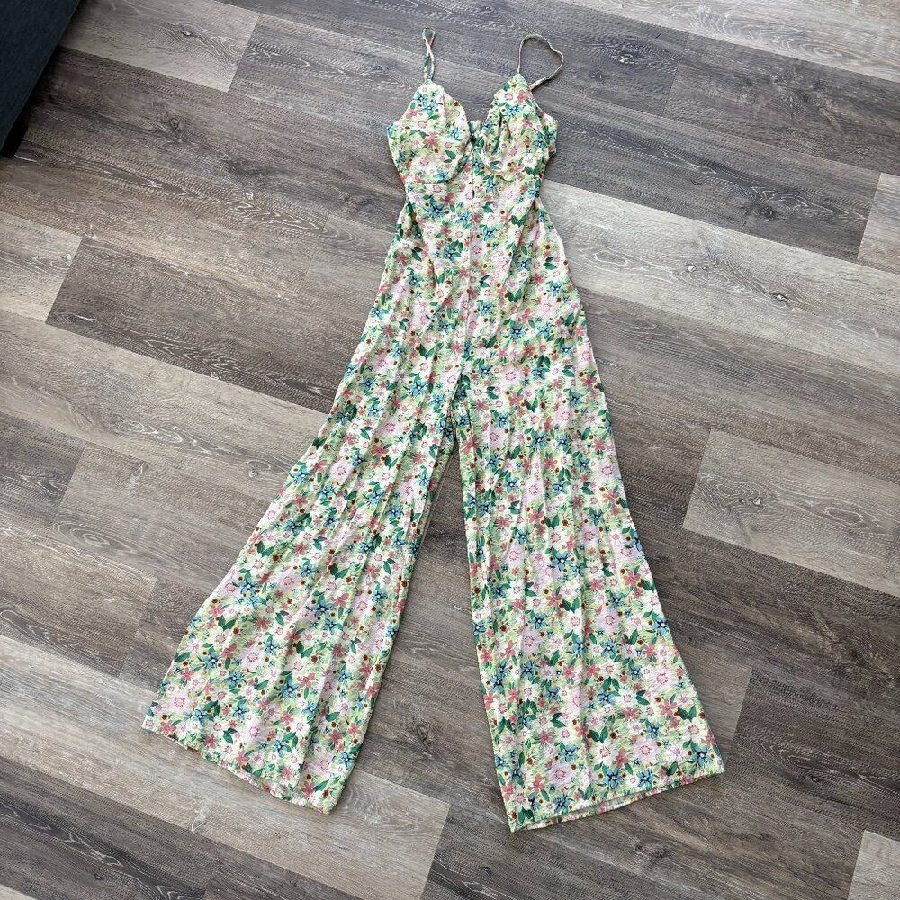 Akira Floral Wide Leg Jumpsuit Size S | Pastel Garden Print | Corset Bust - Picture 2 of 15